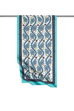 Navy Blue Green Row Tulip Pattern Narrow Silky Foulard 