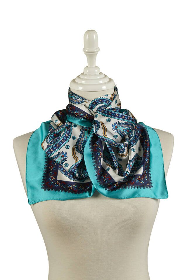 Navy Blue Green Row Tulip Pattern Narrow Silky Foulard - 2
