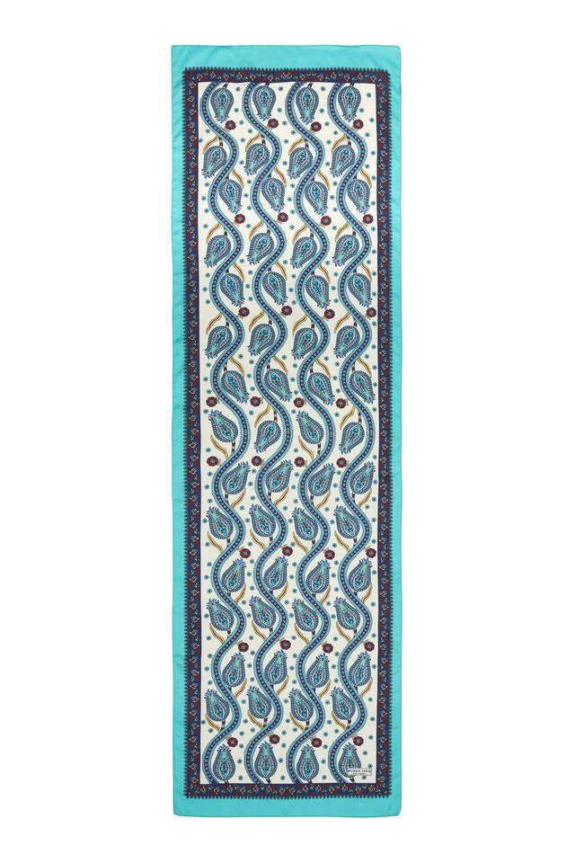 Navy Blue Green Row Tulip Pattern Narrow Silky Foulard - 4