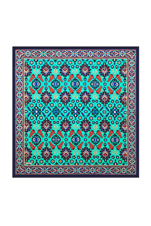 Navy Blue Green Tile Tulip Pattern Silk Square Scarf 