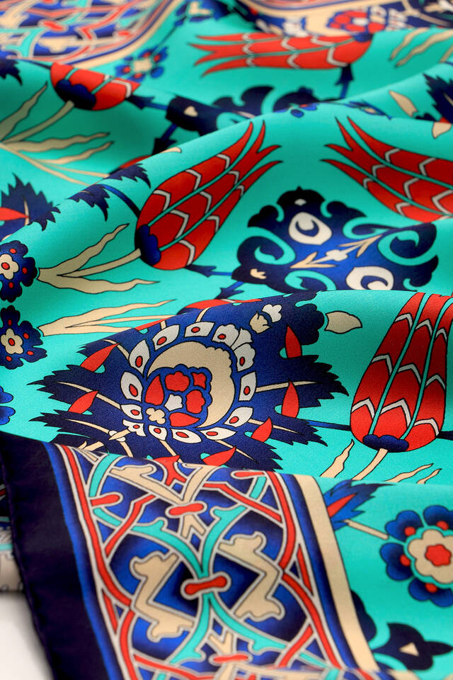Navy Blue Green Tile Tulip Pattern Silk Square Scarf - 3