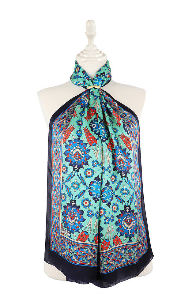 Navy Blue Green Tile Tulip Silk Foulard 