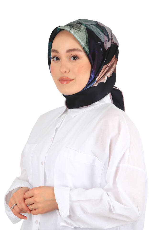 Navy Blue Harmony Pattern Sura Silk Square Scarf - 2