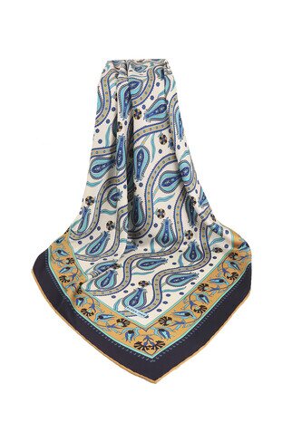 Navy Blue Ivy Tulip Pattern Silky Square Scarf - Thumbnail