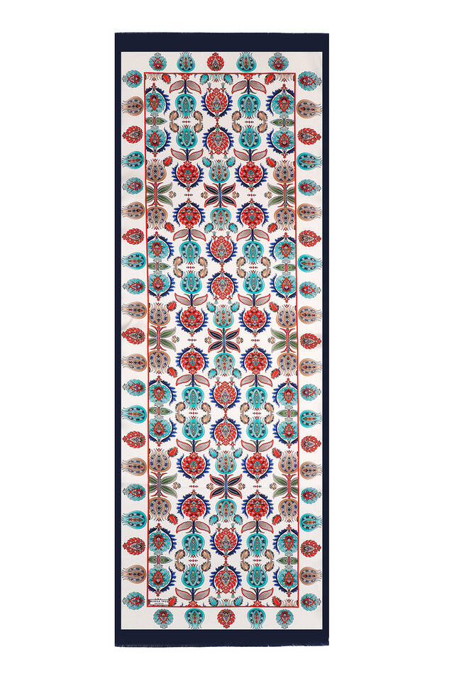 Navy Blue Iznik Pattern Silk Foulard - 4