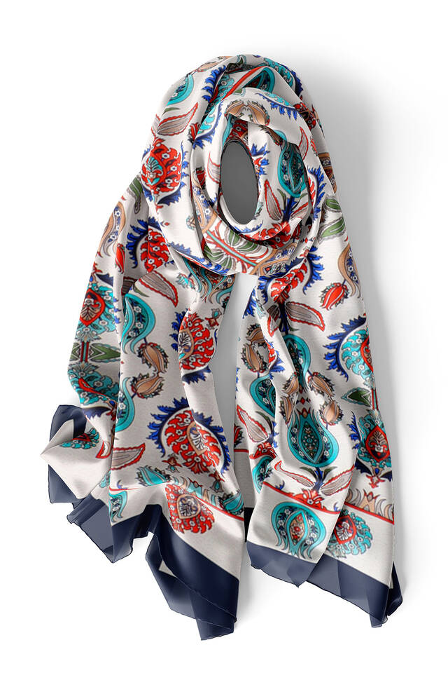 Navy Blue Iznik Pattern Silk Foulard - 3