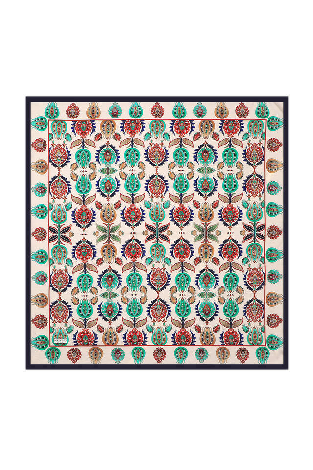 Navy Blue Iznik Pattern Silk Square Scarf - 1