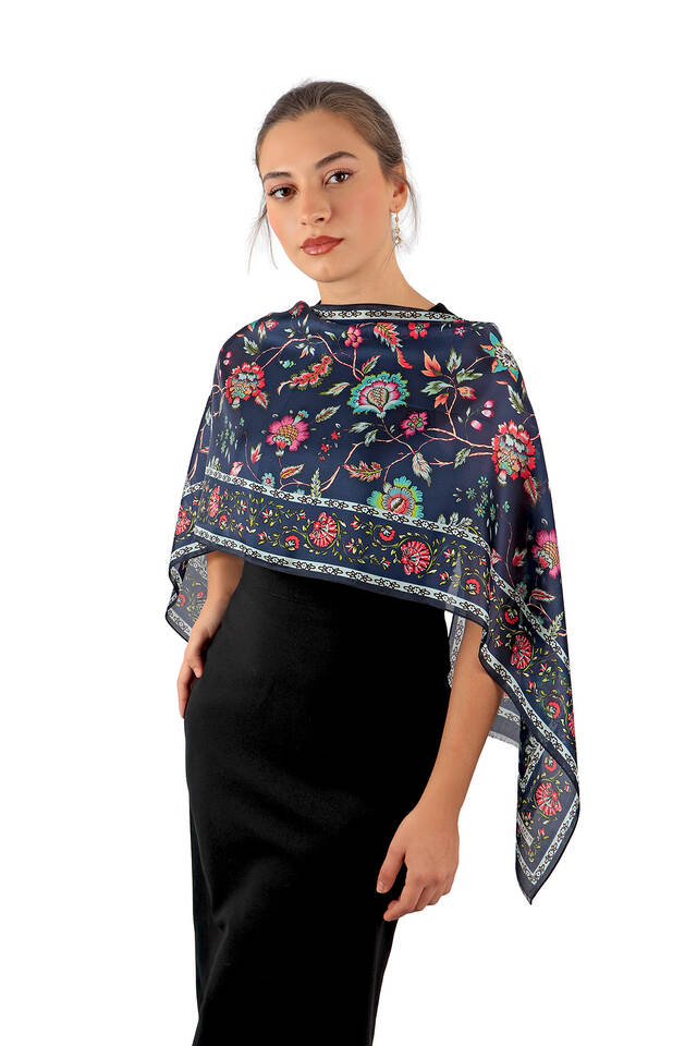 Navy Blue Lily Pattern Voile Silk Foulard 