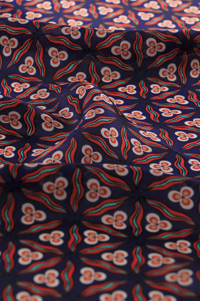 Navy Blue Red Çintemani Pattern Silk Pocket Square - 3