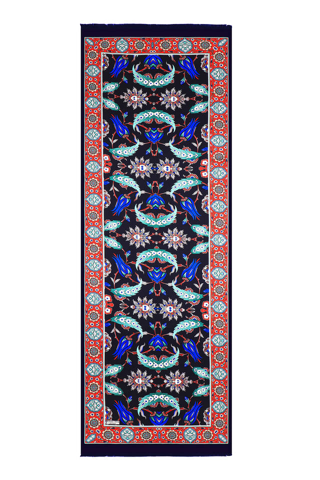 Navy Blue Red Efes Pattern Silk Foulard - 4