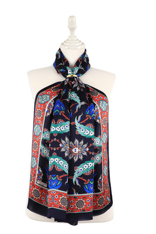 Navy Blue Red Efes Pattern Silk Foulard 