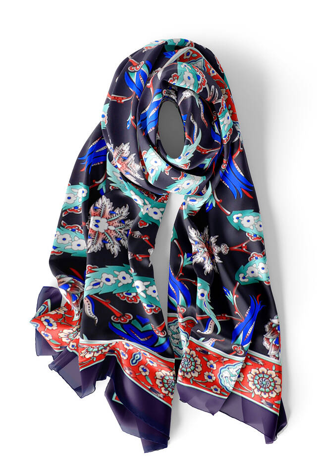 Navy Blue Red Efes Pattern Silk Foulard - 3