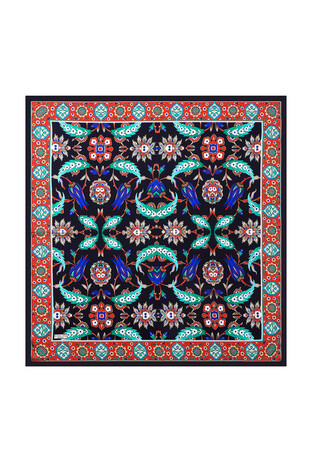 Navy Blue Red Ephesus Pattern Silk Square Scarf 