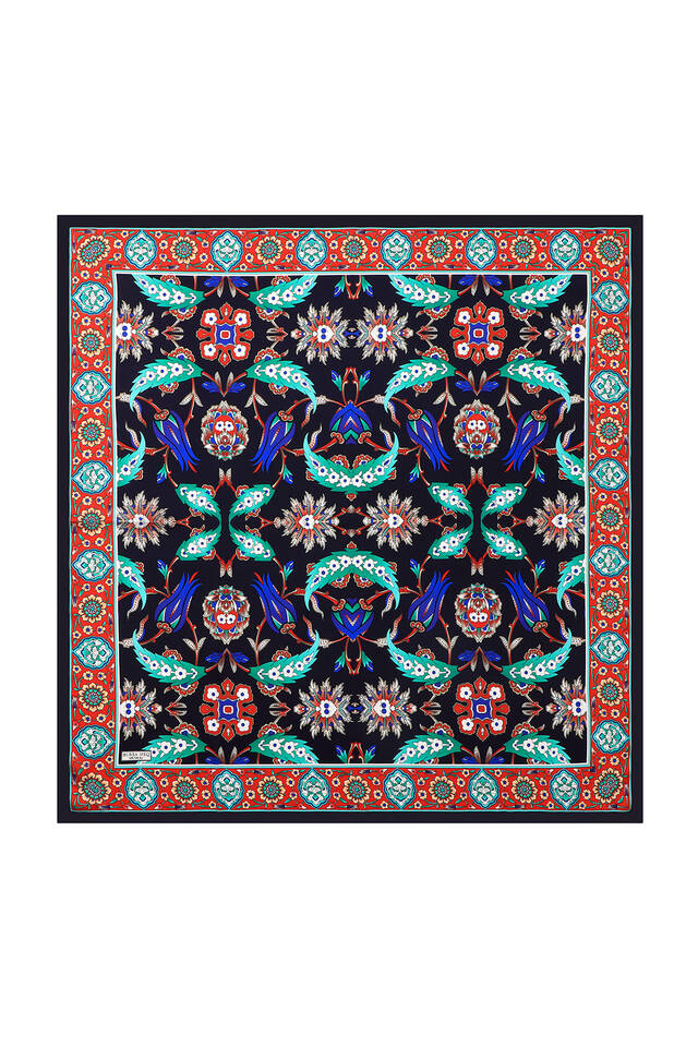Navy Blue Red Ephesus Pattern Silk Square Scarf 