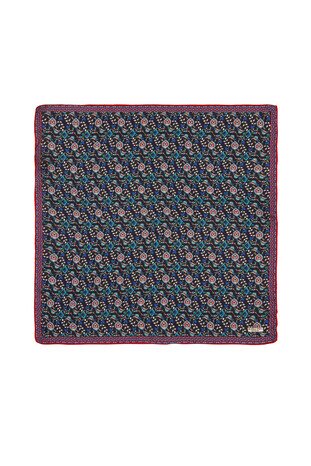 Navy Blue Red Ivy Tulip Pattern Silk Pocket Square - Thumbnail