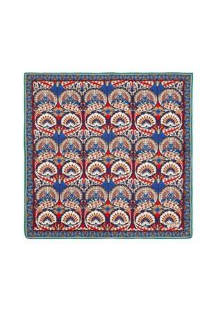 Navy Blue Red Peacock Pattern Silk Pocket Square - Thumbnail
