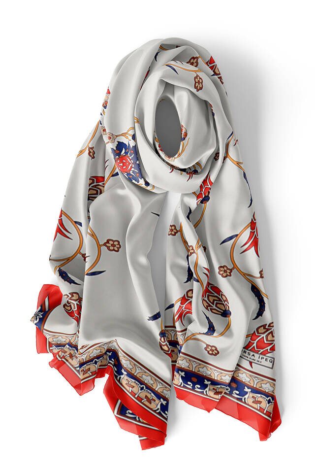 Navy Blue Red Row Tulip Silk Foulard - 3