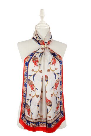 Navy Blue Red Row Tulip Silk Foulard 