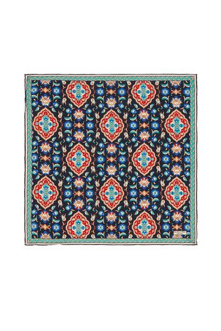 Navy Blue Red Tile Tulip Pattern Silk Pocket Square 