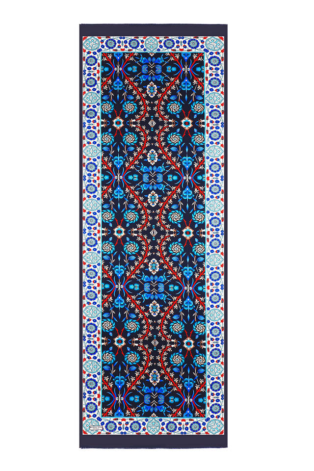 Navy Blue Saks Selçuk Pattern Silk Foulard - 4