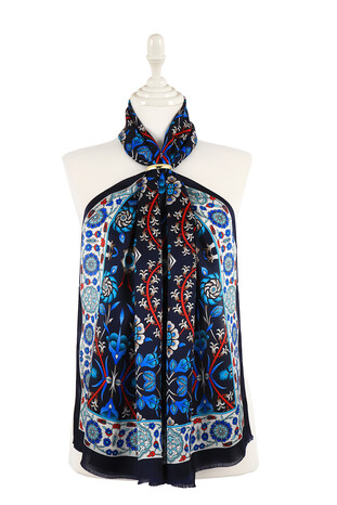 Navy Blue Saks Selçuk Pattern Silk Foulard 