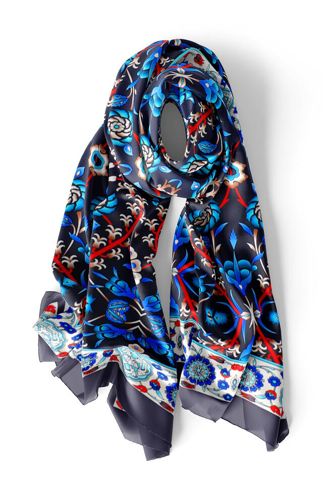Navy Blue Saks Selçuk Pattern Silk Foulard - 3