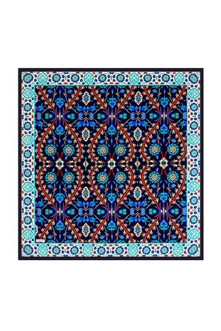 Navy Blue Saks Selçuk Pattern Silk Square Scarf - Thumbnail