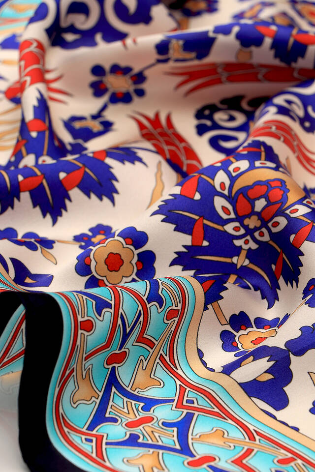 Navy Blue Saks Tile Tulip Pattern Silk Square Scarf - 3