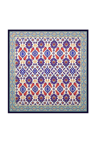 Navy Blue Saks Tile Tulip Pattern Silk Square Scarf - Thumbnail