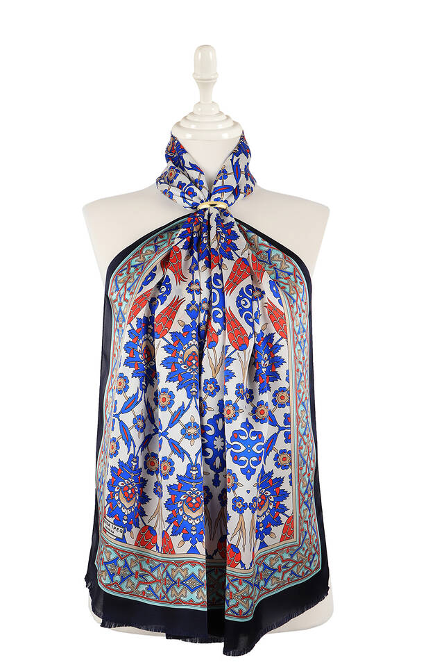 Navy Blue Saks Tile Tulip Silk Foulard 
