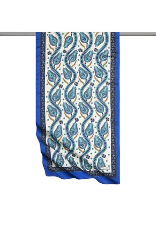 Navy Blue Sax Row Tulip Pattern Narrow Silky Foulard - Thumbnail