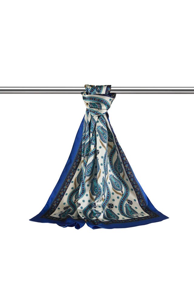 Navy Blue Sax Row Tulip Pattern Narrow Silky Foulard - 3