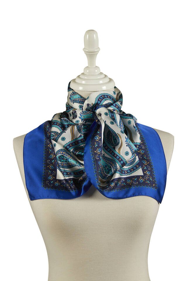 Navy Blue Sax Row Tulip Pattern Narrow Silky Foulard - 2