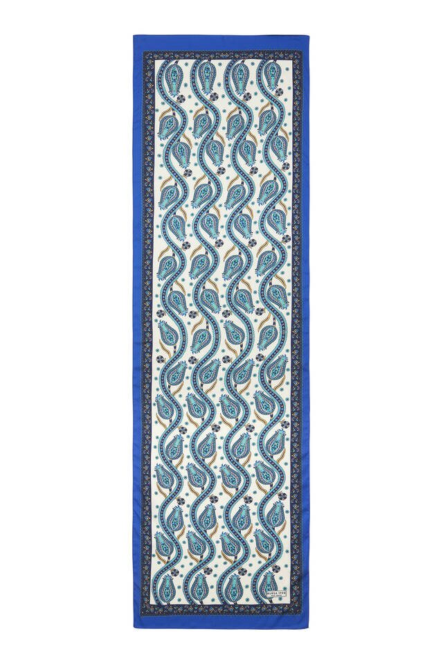 Navy Blue Sax Row Tulip Pattern Narrow Silky Foulard - 4