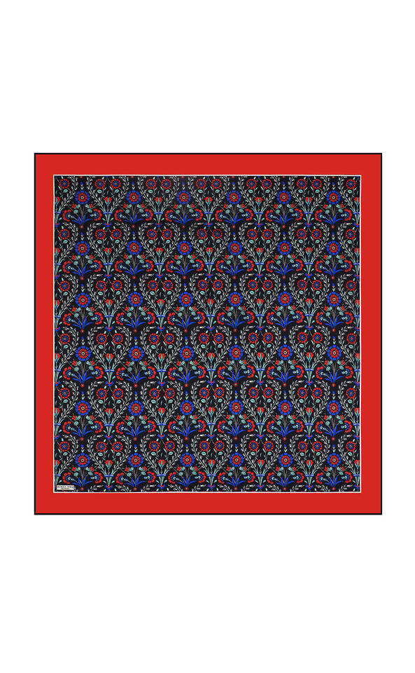 Navy Blue Side Pattern Silk Square Scarf 