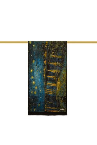 Navy Blue Starry Nights Silk Painting Foulard - Thumbnail