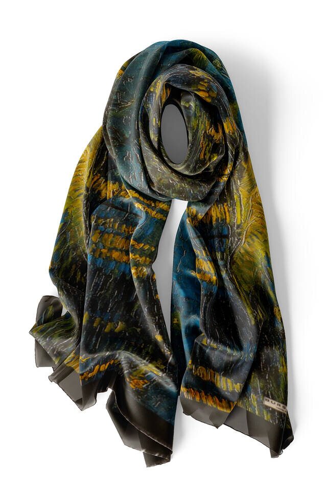 Navy Blue Starry Nights Silk Painting Foulard - 4