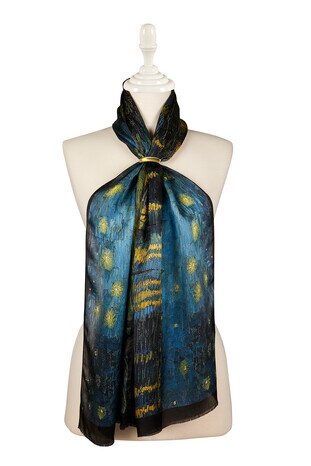 Navy Blue Starry Nights Silk Painting Foulard 