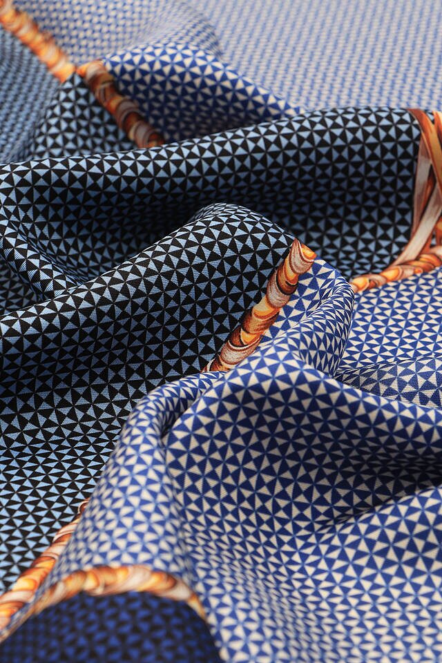 Navy Blue Straw Pattern Twill Silk Square Scarf - 3