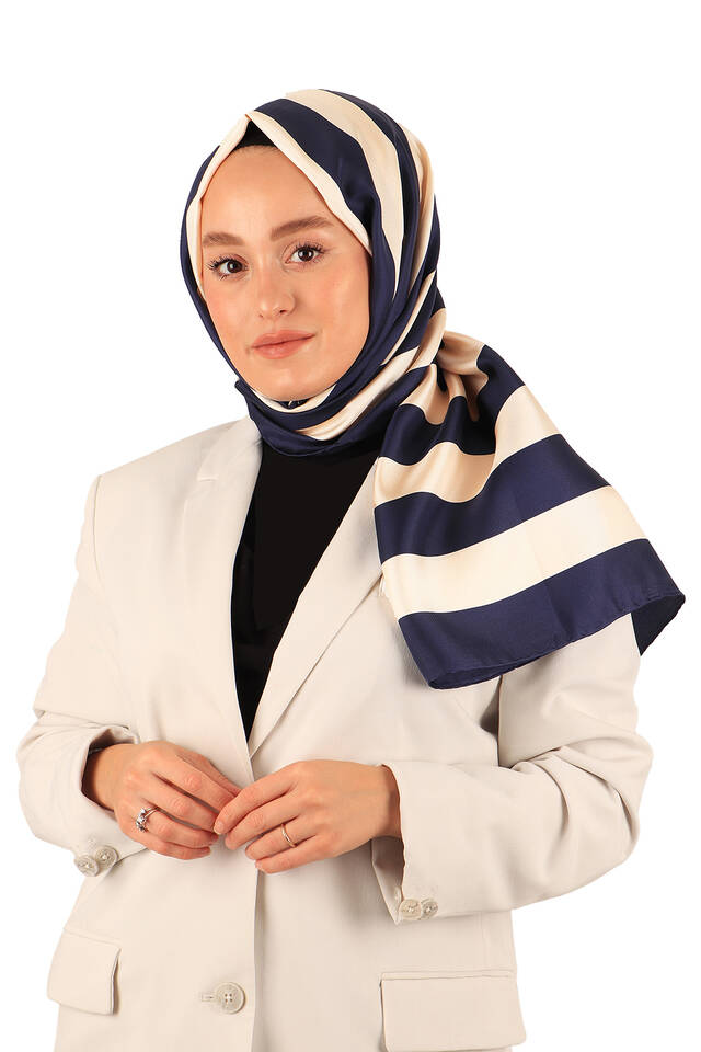 Navy Blue Stripe Pattern Twill Silk Scarf - 3