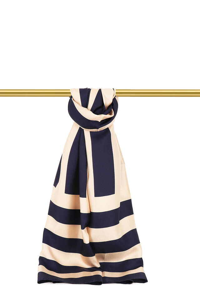 Navy Blue Stripe Pattern Twill Silk Scarf - Bursa İpek
