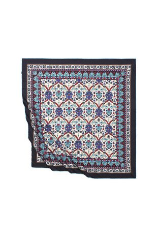 Navy Blue Tile Tulip Pattern Silky Square Scarf - Thumbnail