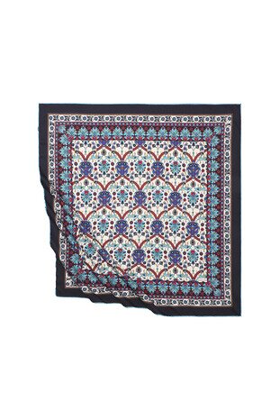Navy Blue Tile Tulip Pattern Silky Square Scarf 