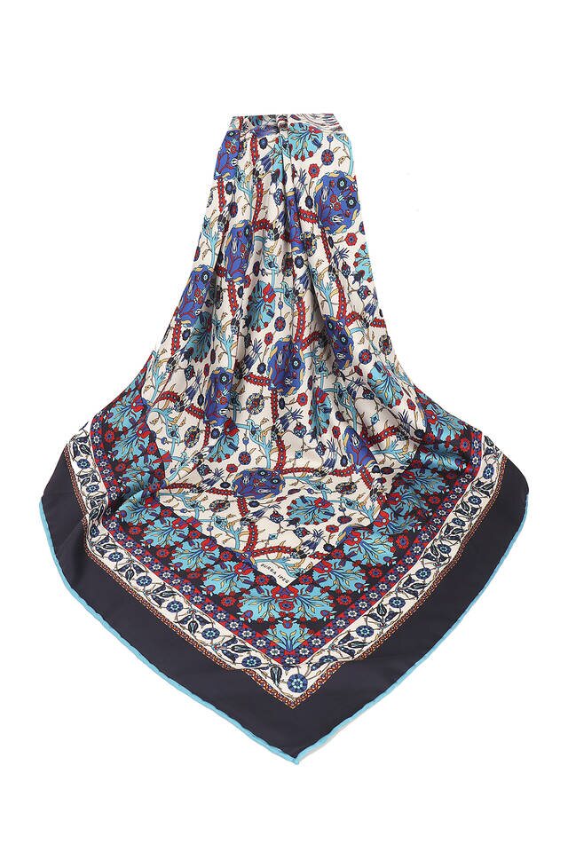 Navy Blue Tile Tulip Pattern Silky Square Scarf - 3