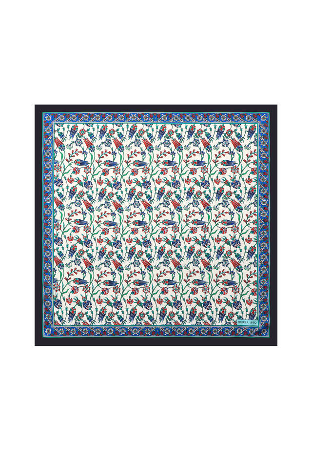 Navy Blue Tulip Pattern Silky Pocket Square - Bursa İpek