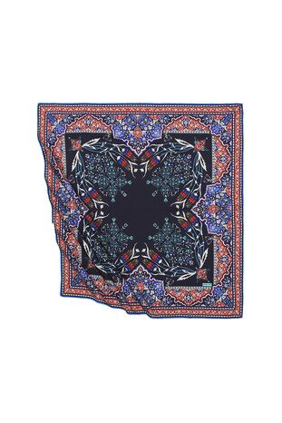 Navy Blue Turkish Motif Candlestick Tulip Pattern Silky Square Scarf 