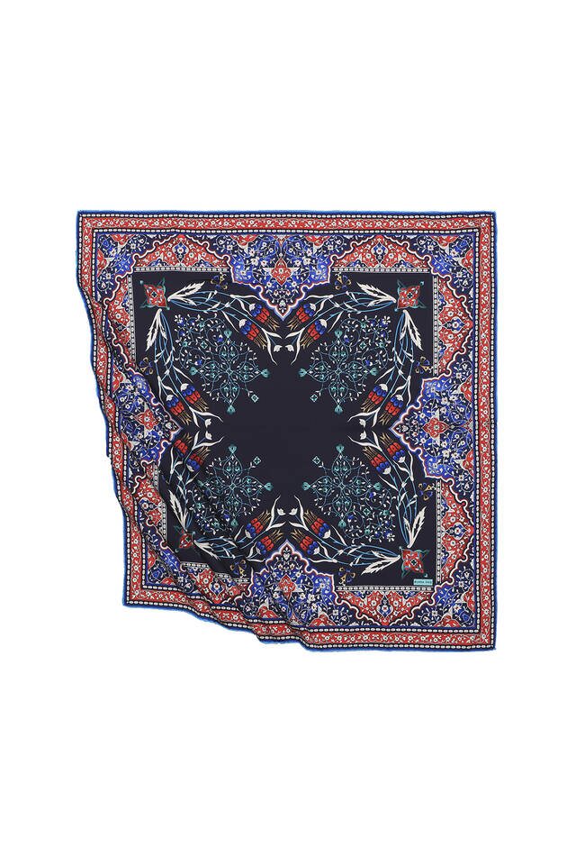 Navy Blue Turkish Motif Candlestick Tulip Pattern Silky Square Scarf - Bursa İpek