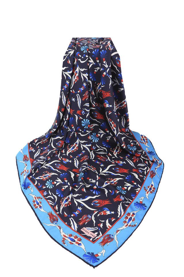 Navy Blue Turkish Pattern Carnation Tulip Pattern Silky Square Scarf - 3