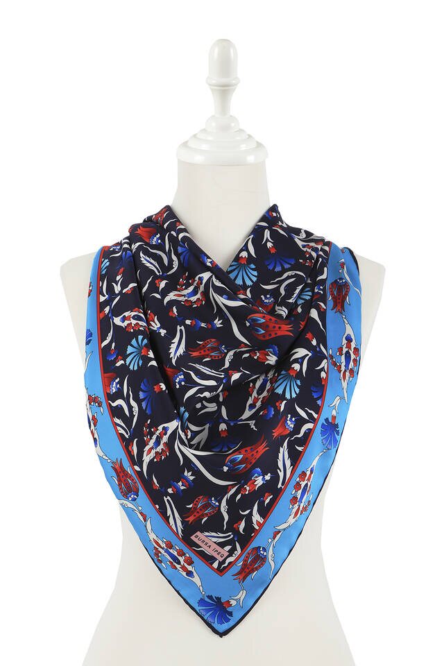 Navy Blue Turkish Pattern Carnation Tulip Pattern Silky Square Scarf - 2