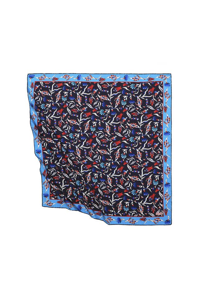 Navy Blue Turkish Pattern Carnation Tulip Pattern Silky Square Scarf - 1